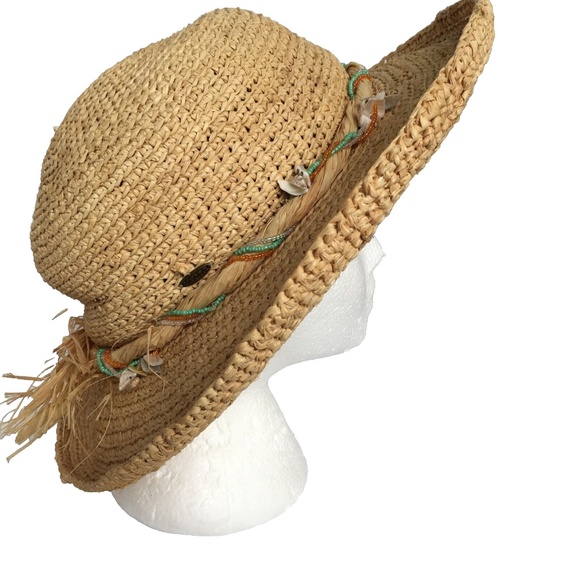 SCALA Wide Brim Straw Sun Hat with Broken Shells Twisted on Band One Size - Picture 4 of 8